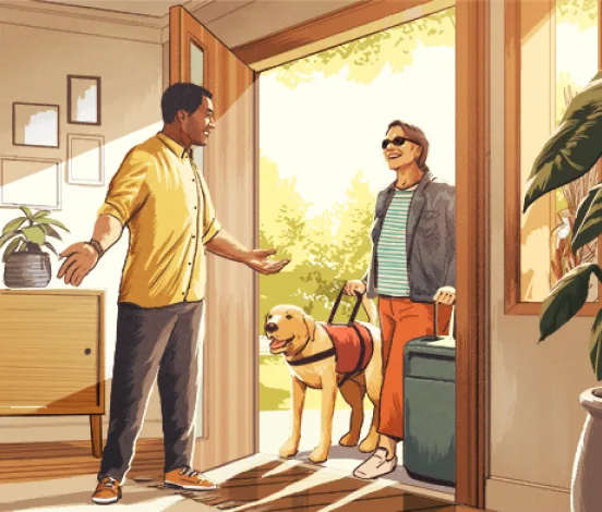 A guest with a service animal being greeted by a Host